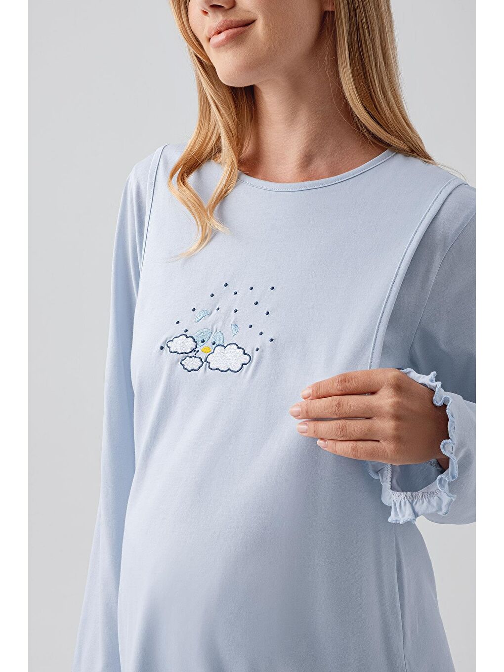 Mavi Uzun Kollu Desenli Esnek Pamuklu Hamile Sabahlık Pijama Takım 18300-4