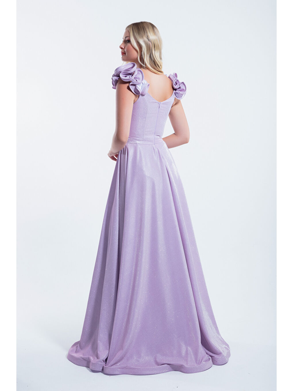 Pembe Kadın Pudra Kolları Fırfırlı Simli Uzun Abiye Elbise-4