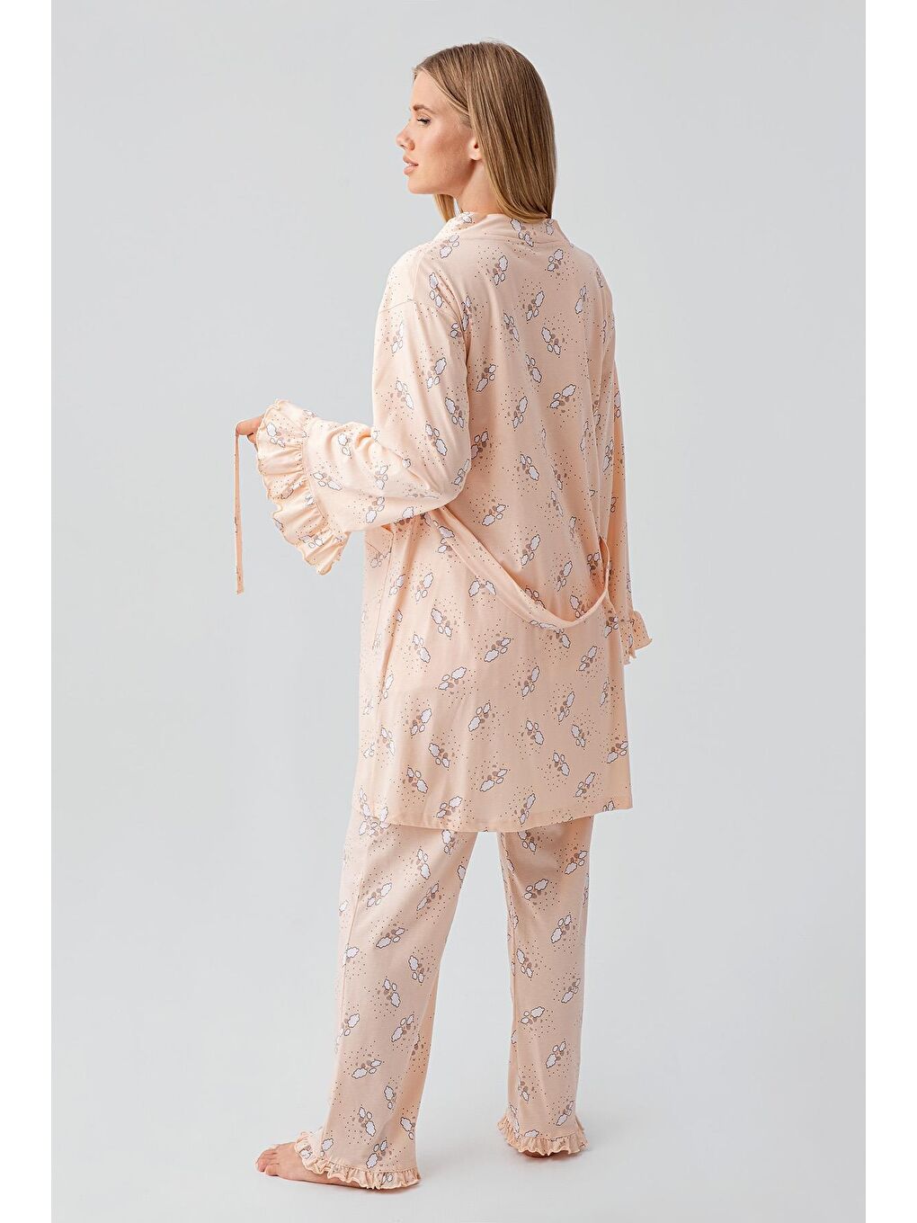 Pembe Uzun Kollu Desenli Esnek Pamuklu Hamile Sabahlık Pijama Takım 18300-2