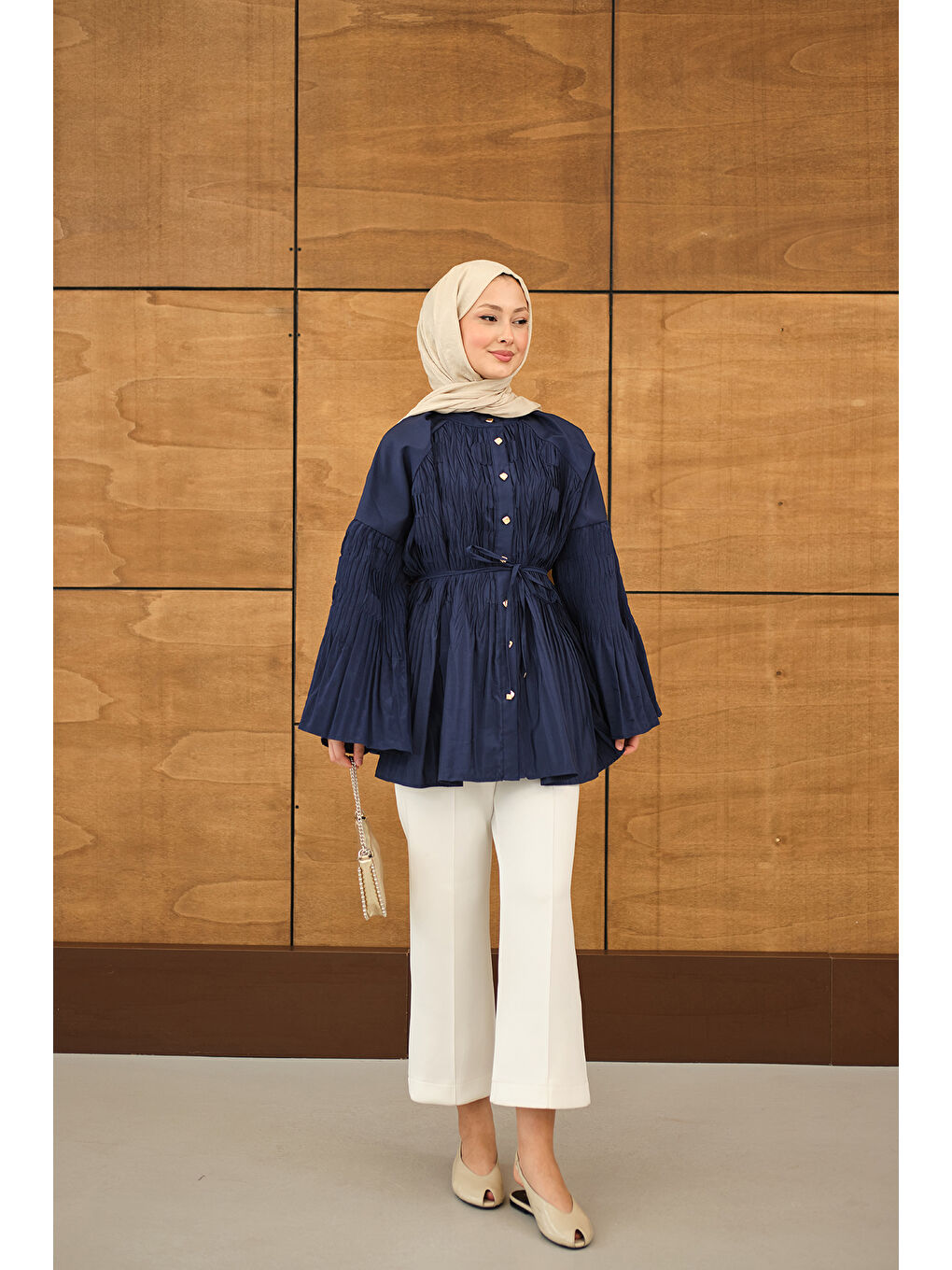 Kadın Martha Düğmeli Belden Bağlamalı Gömlek Lacivert-1