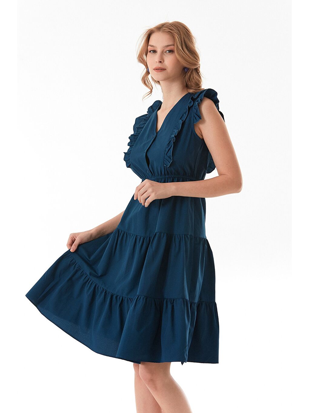 İndigo Fırfırlı Düğmeli V Yaka Elbise-4