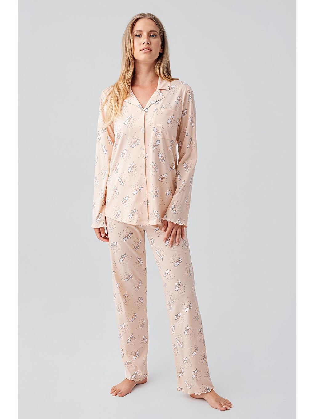 Pembe Uzun Kollu Desenli Düğmeli Esnek Pamuklu Hamile Pijama Takım 18200-2