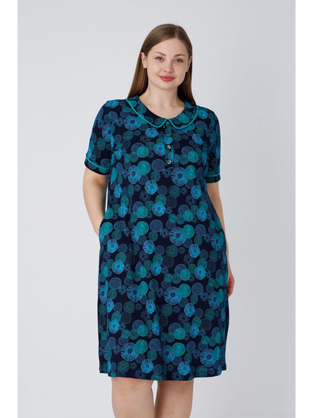 Lacivert Kadın Düğmeli Biyeli Cepli Kısa Kollu Pamuklu Rahat Kalıp Elbise