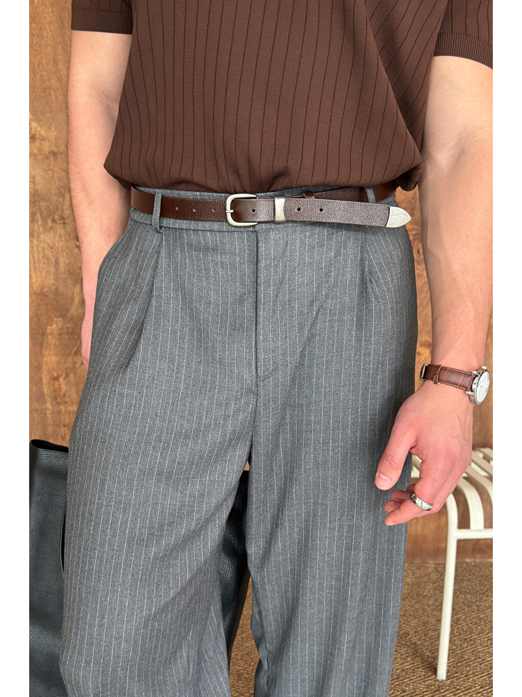 Gri Erkek Pileli Ekstra Baggy Kalıp Çizgili Kumaş Pantolon-6