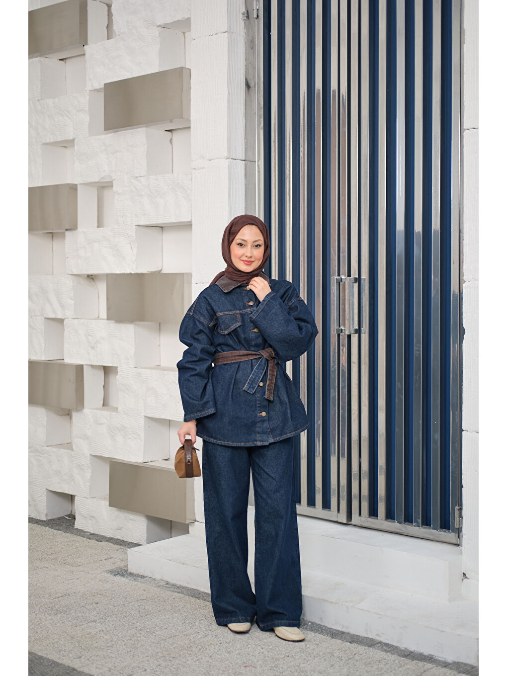 Kadın Garnili Yaka Detay Jean Takım Lacivert-4