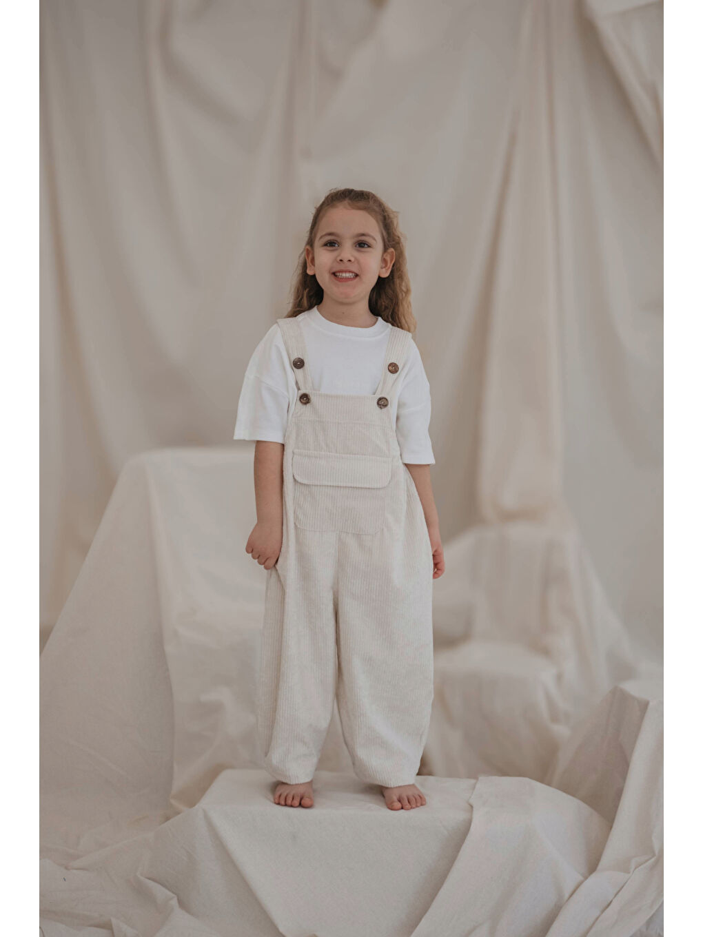 Ekru Krem Childhood Velvet Çocuk Salopet Tulum