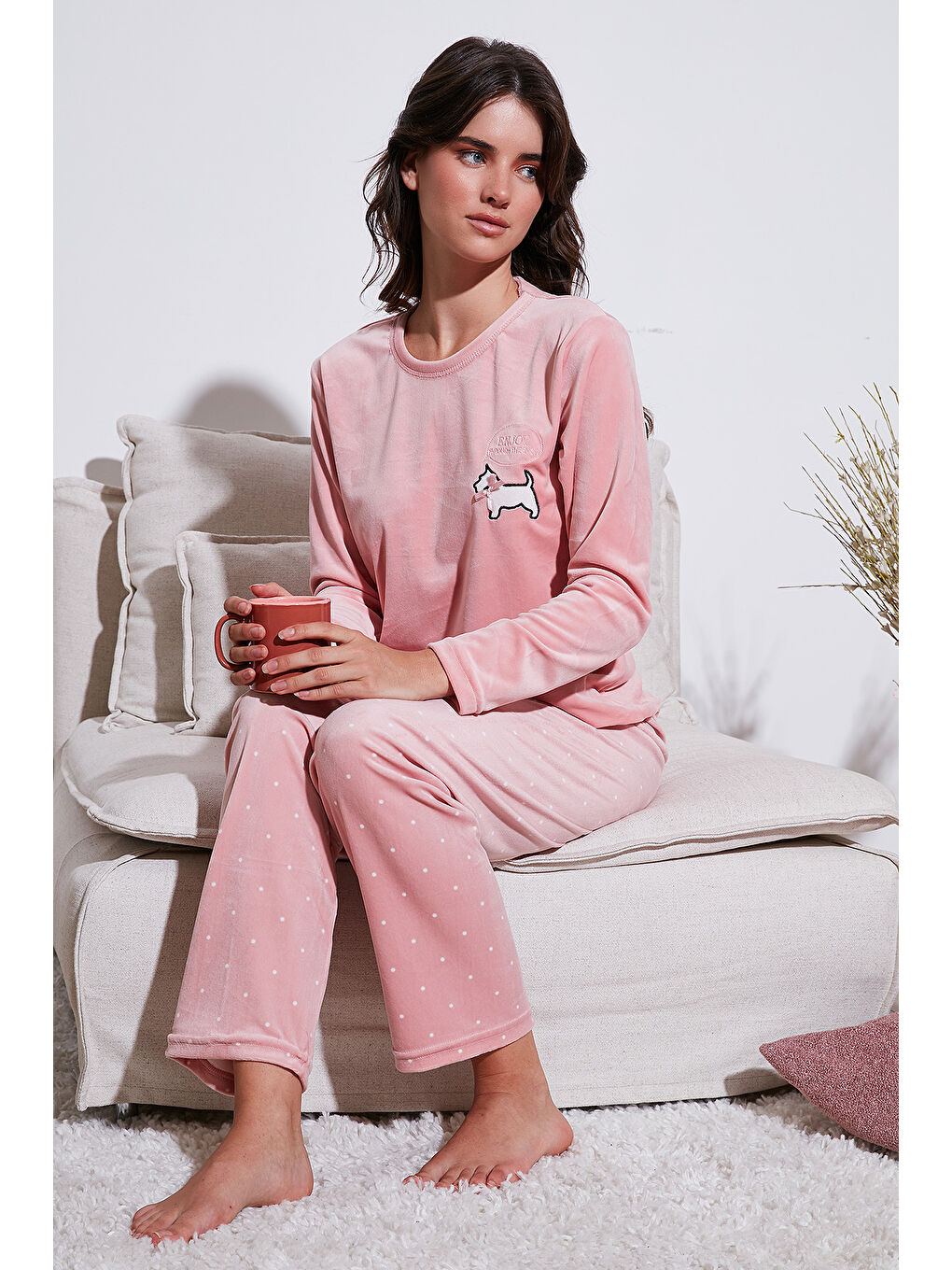 Pembe Desenli Regular Fit Bisiklet Yaka Uzun Kollu Kadın Pijama Takımı 65713312-1