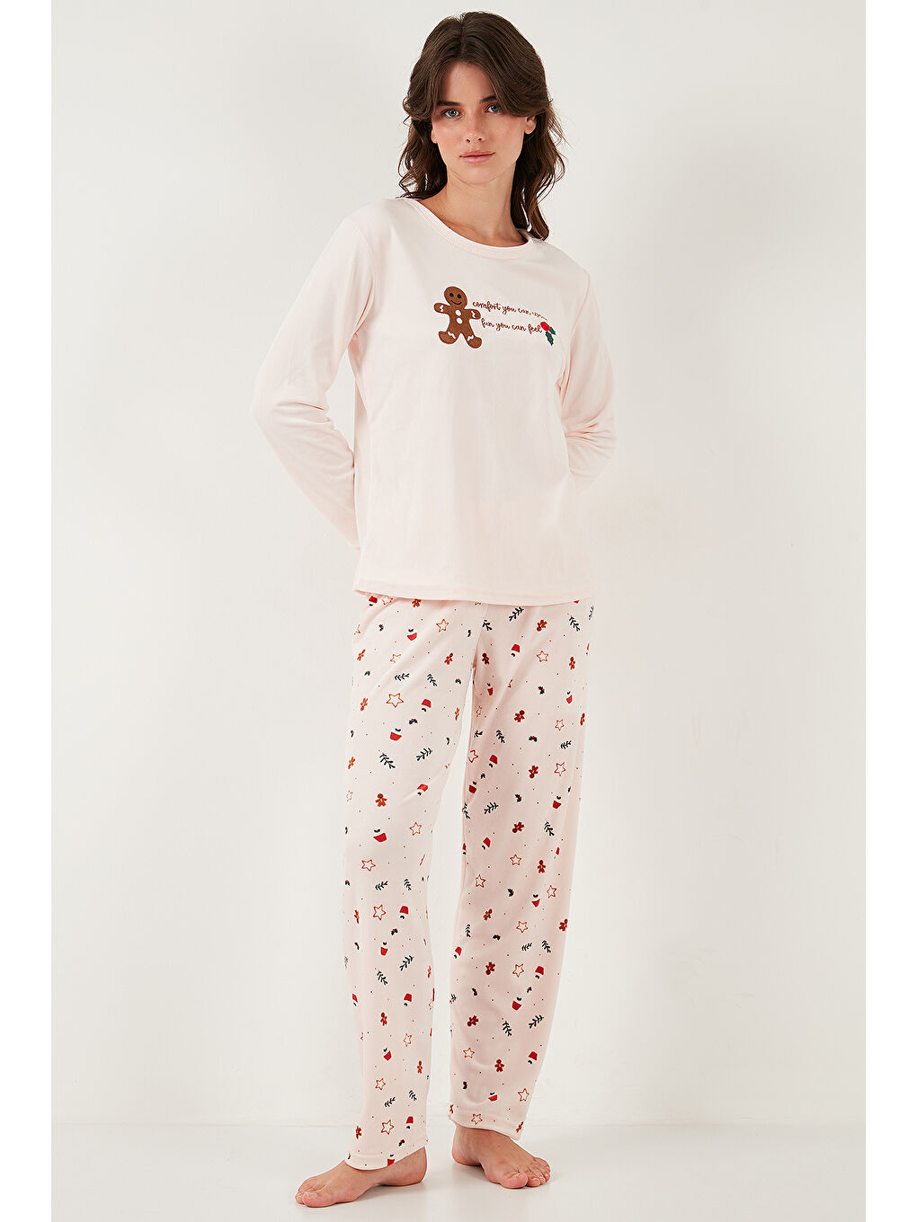 Pembe Desenli Regular Fit Bisiklet Yaka Uzun Kollu Kadın Pijama Takımı 65713312-2