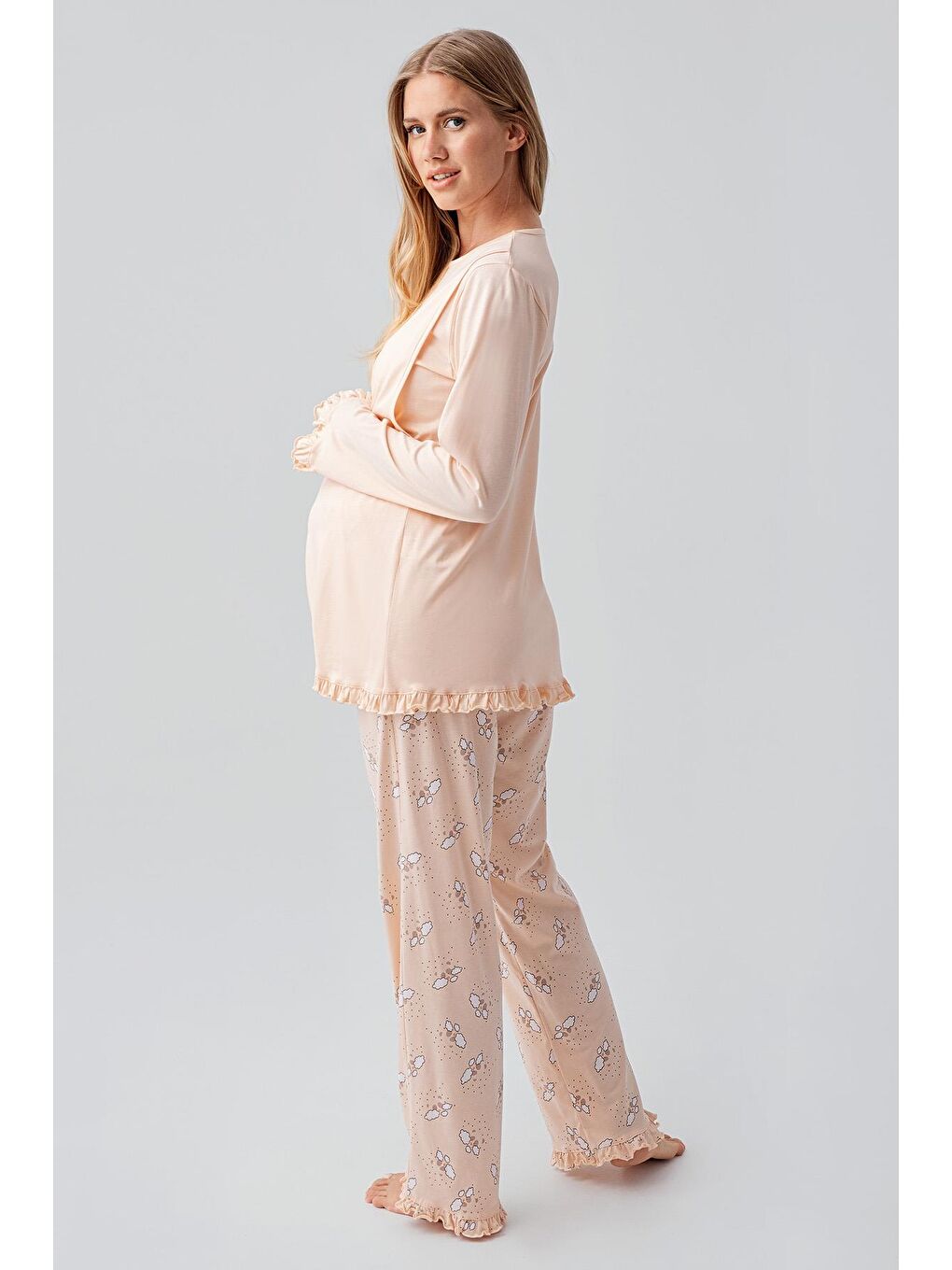 Pembe Uzun Kollu Desenli Esnek Pamuklu Hamile Sabahlık Pijama Takım 18300-3