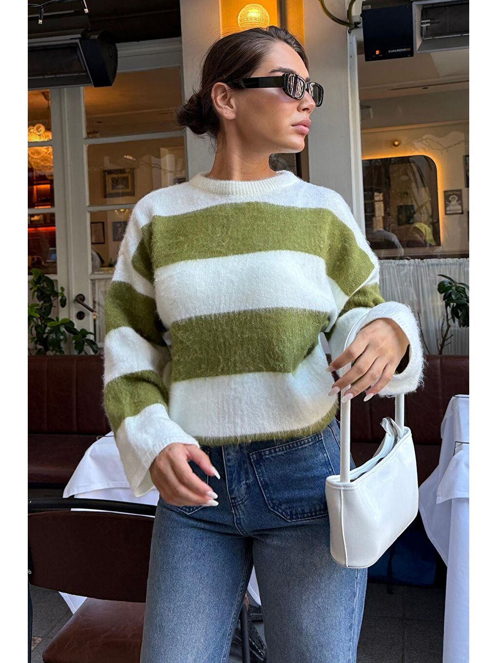 Yağ Yeşili Bisiklet Yaka Çizgili Triko Kadın Kazak Mg2472-3