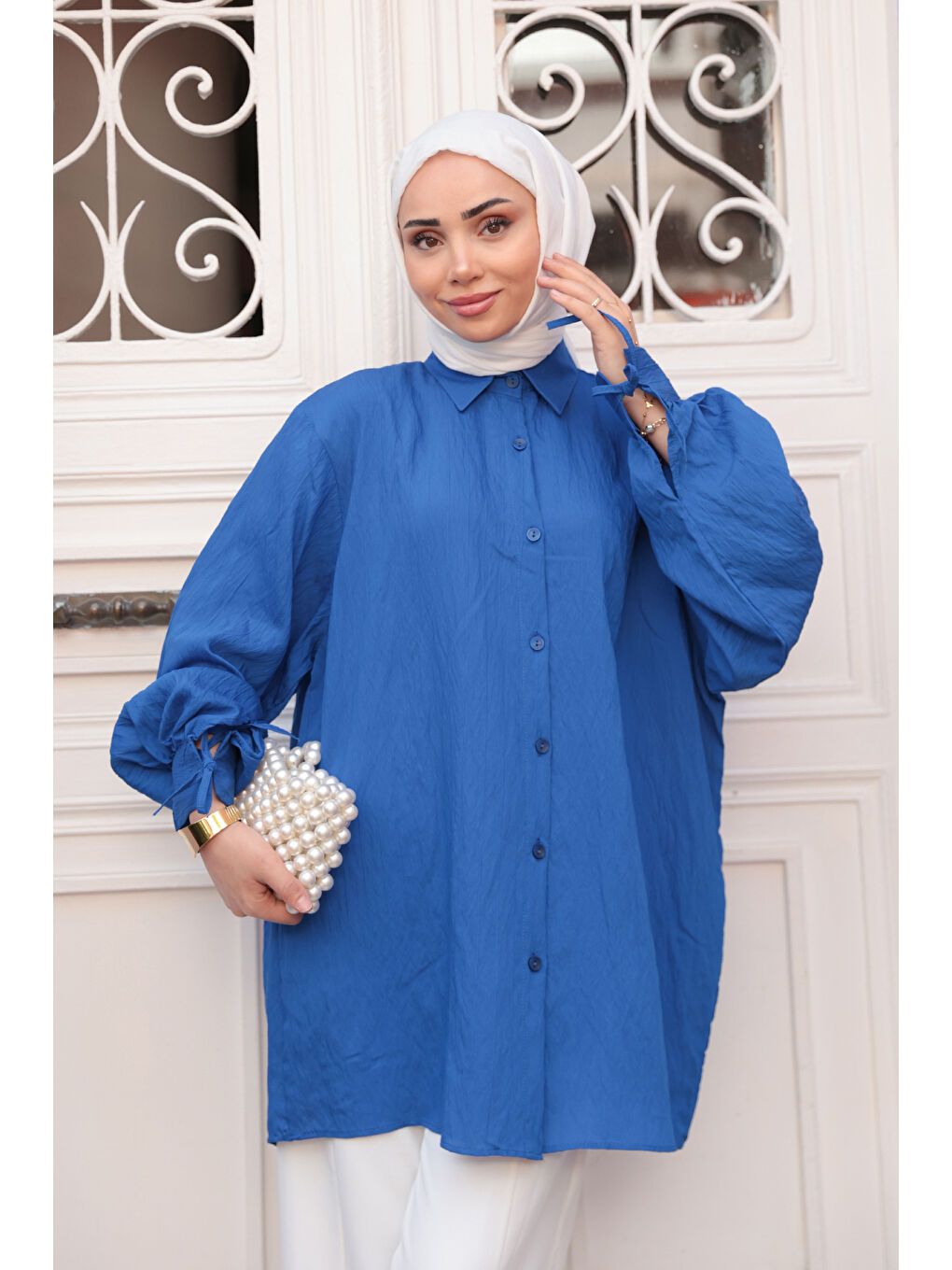 KADIN KOL BAGLAMALI GOMLEK Saks Mavi-1