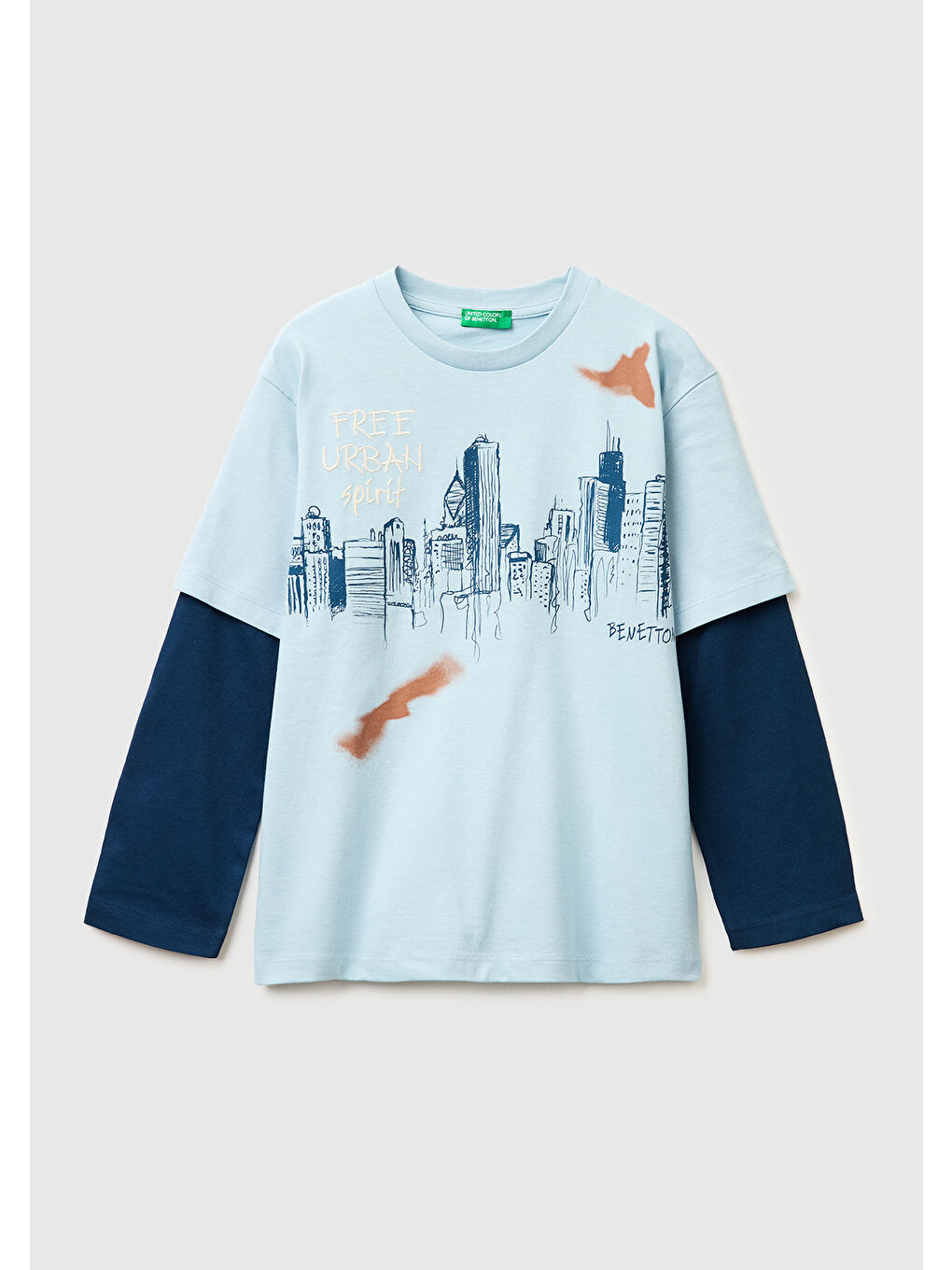 Erkek Çocuk Buz Mavisi Çift Kollu Baskılı Bisiklet Yaka T-Shirt