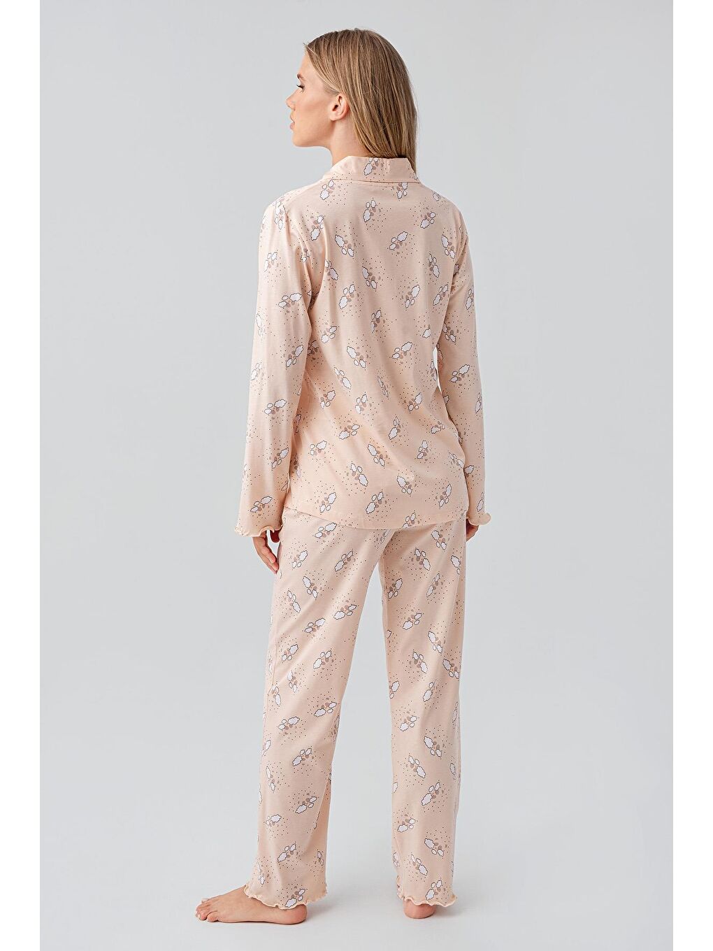 Pembe Uzun Kollu Desenli Düğmeli Esnek Pamuklu Hamile Pijama Takım 18200-3