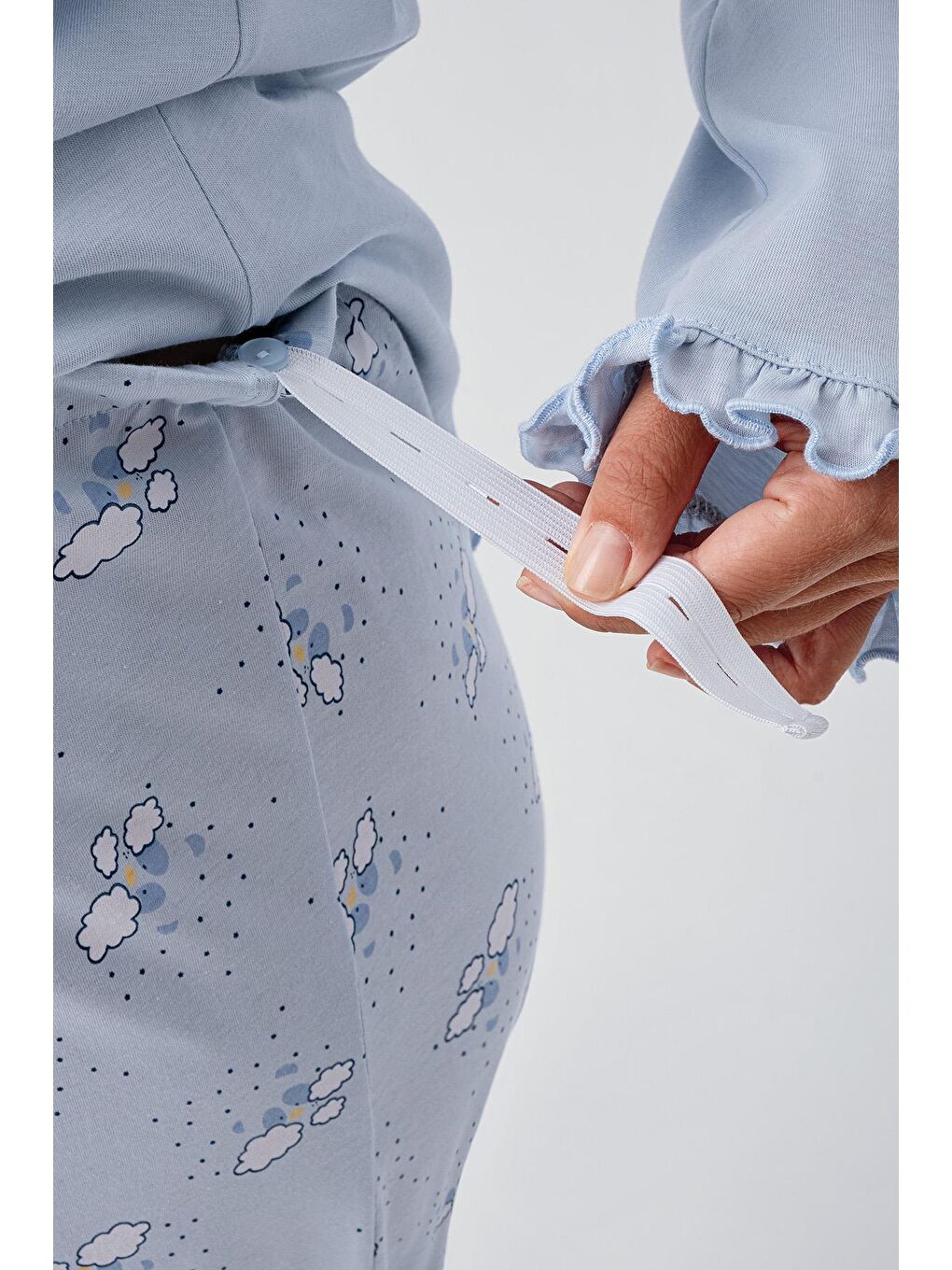 Mavi Uzun Kollu Desenli Esnek Pamuklu Hamile Sabahlık Pijama Takım 18300-5