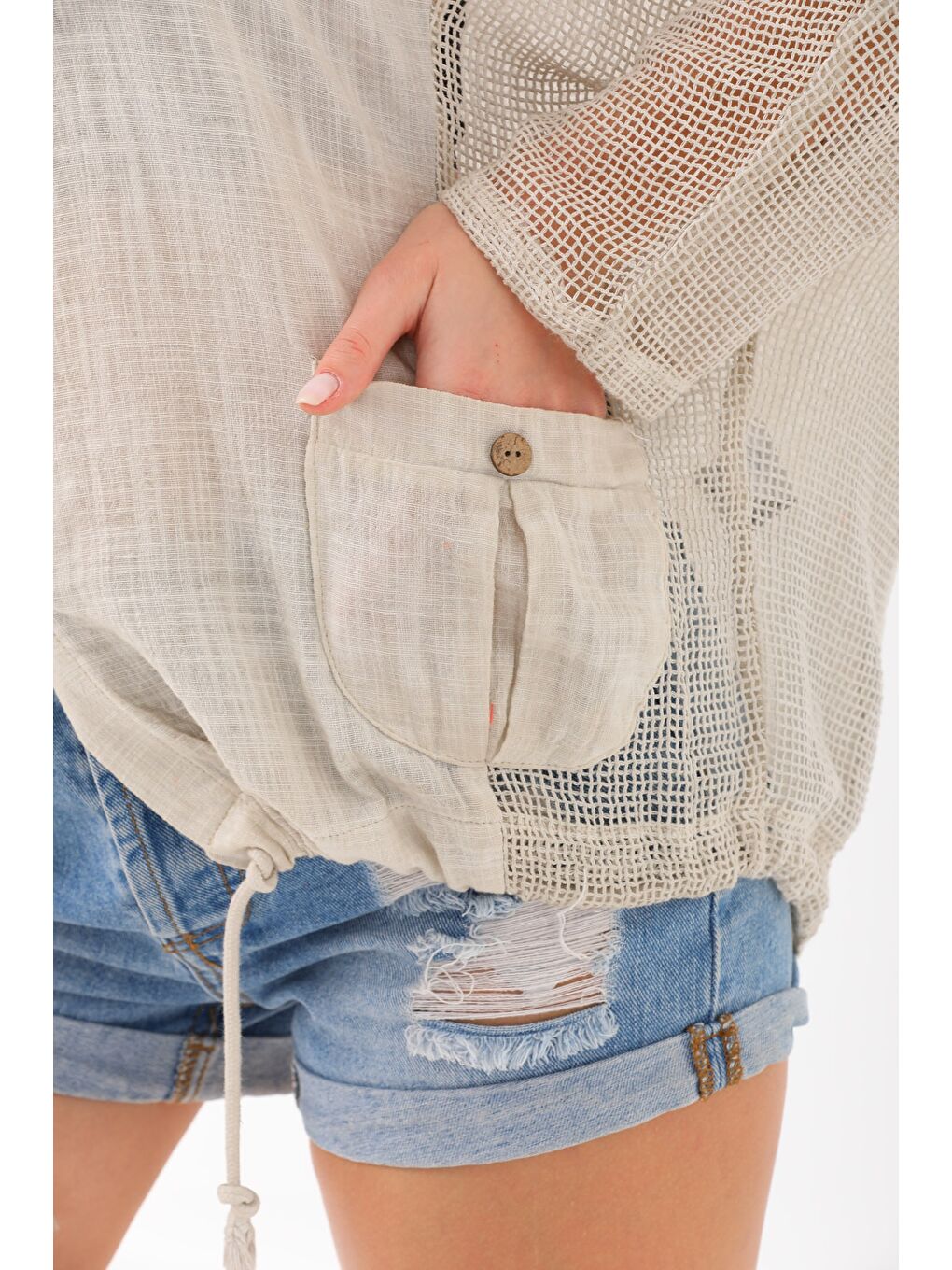 Bej Çift Cepli Yıkamalı Pamuklu Dokuma Geniş Kesim Kapüşonlu Ceket-1