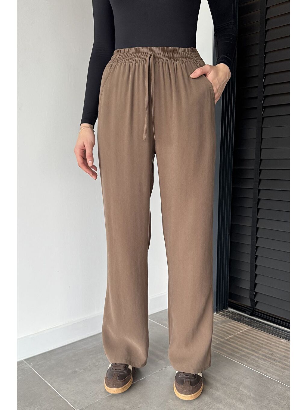 Kahverengi Kadın Bel Lastikli Yüksek Bel Palazzo Pantolon-1
