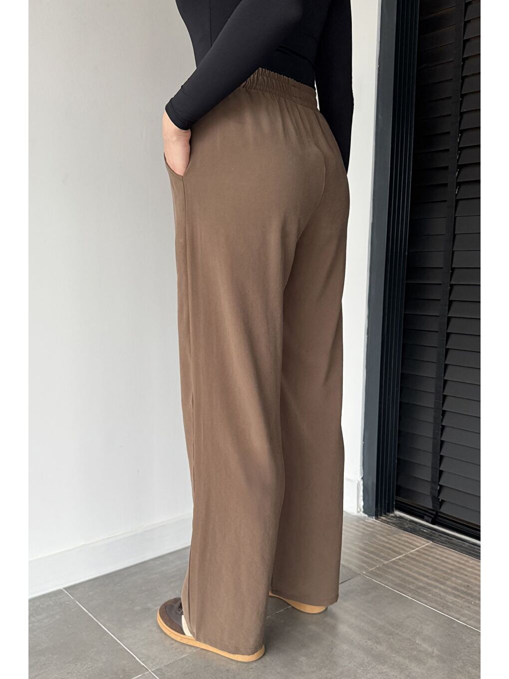 Kahverengi Kadın Bel Lastikli Yüksek Bel Palazzo Pantolon-2