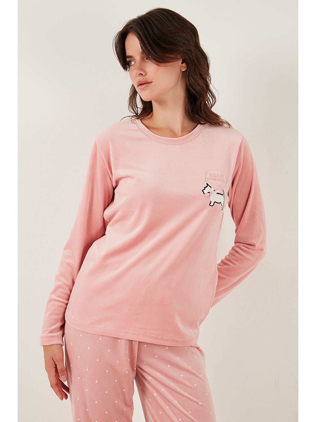 Pembe Desenli Regular Fit Bisiklet Yaka Uzun Kollu Kadın Pijama Takımı 65713312-2