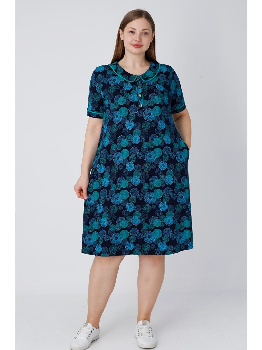 Lacivert Kadın Düğmeli Biyeli Cepli Kısa Kollu Pamuklu Rahat Kalıp Elbise-1