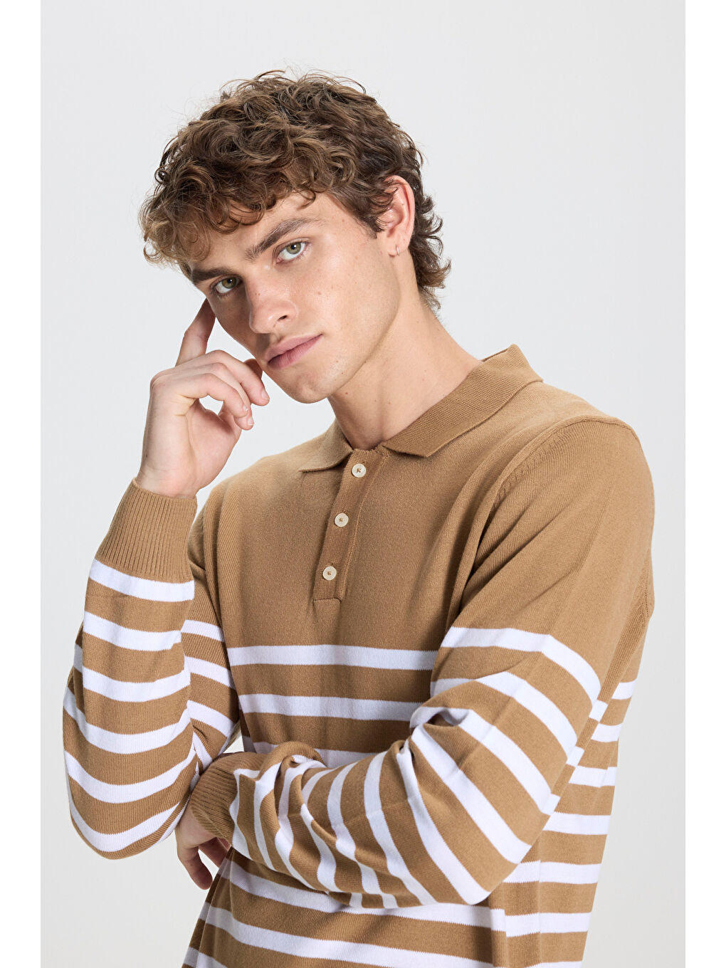 Bej Erkek VIZON-EKRU Standart Fit Normal Kesim Polo Yaka Çizgili Triko Kazak-3