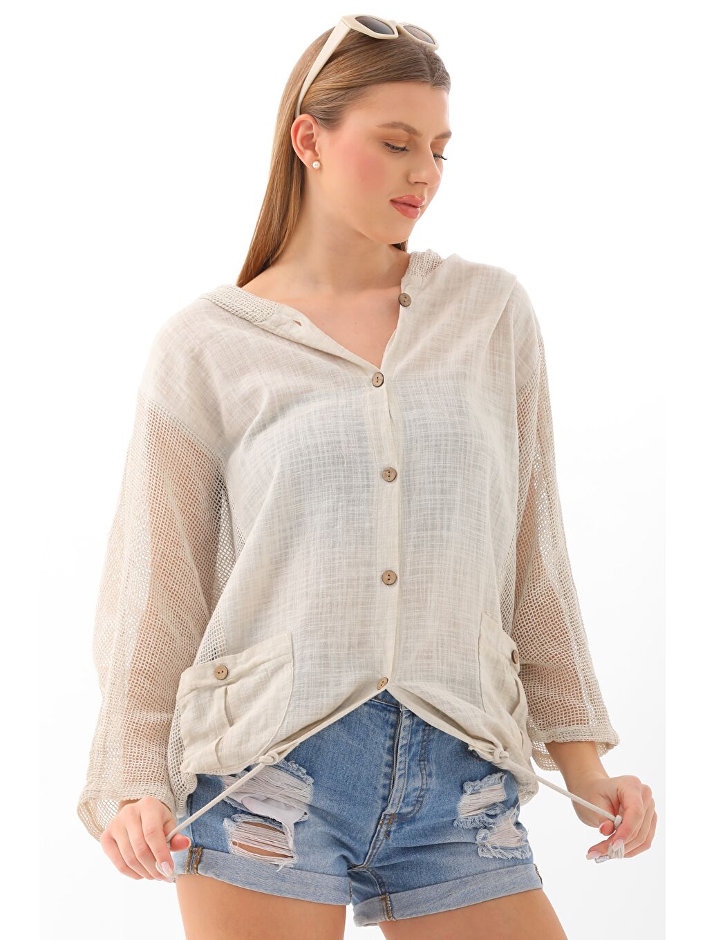 Bej Çift Cepli Yıkamalı Pamuklu Dokuma Geniş Kesim Kapüşonlu Ceket-2