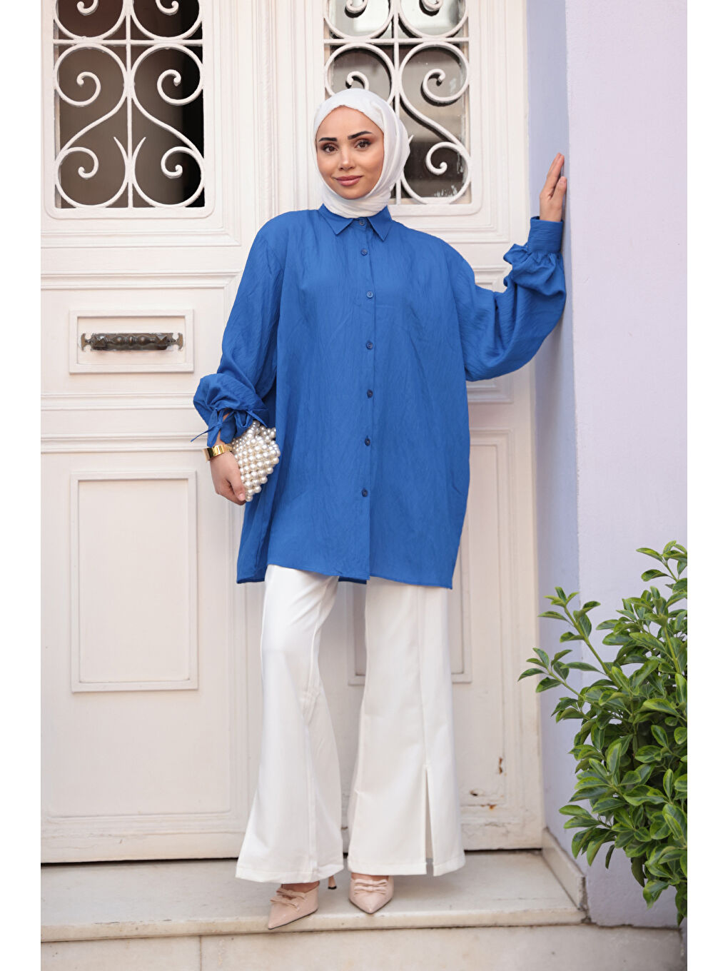 KADIN KOL BAGLAMALI GOMLEK Saks Mavi-2