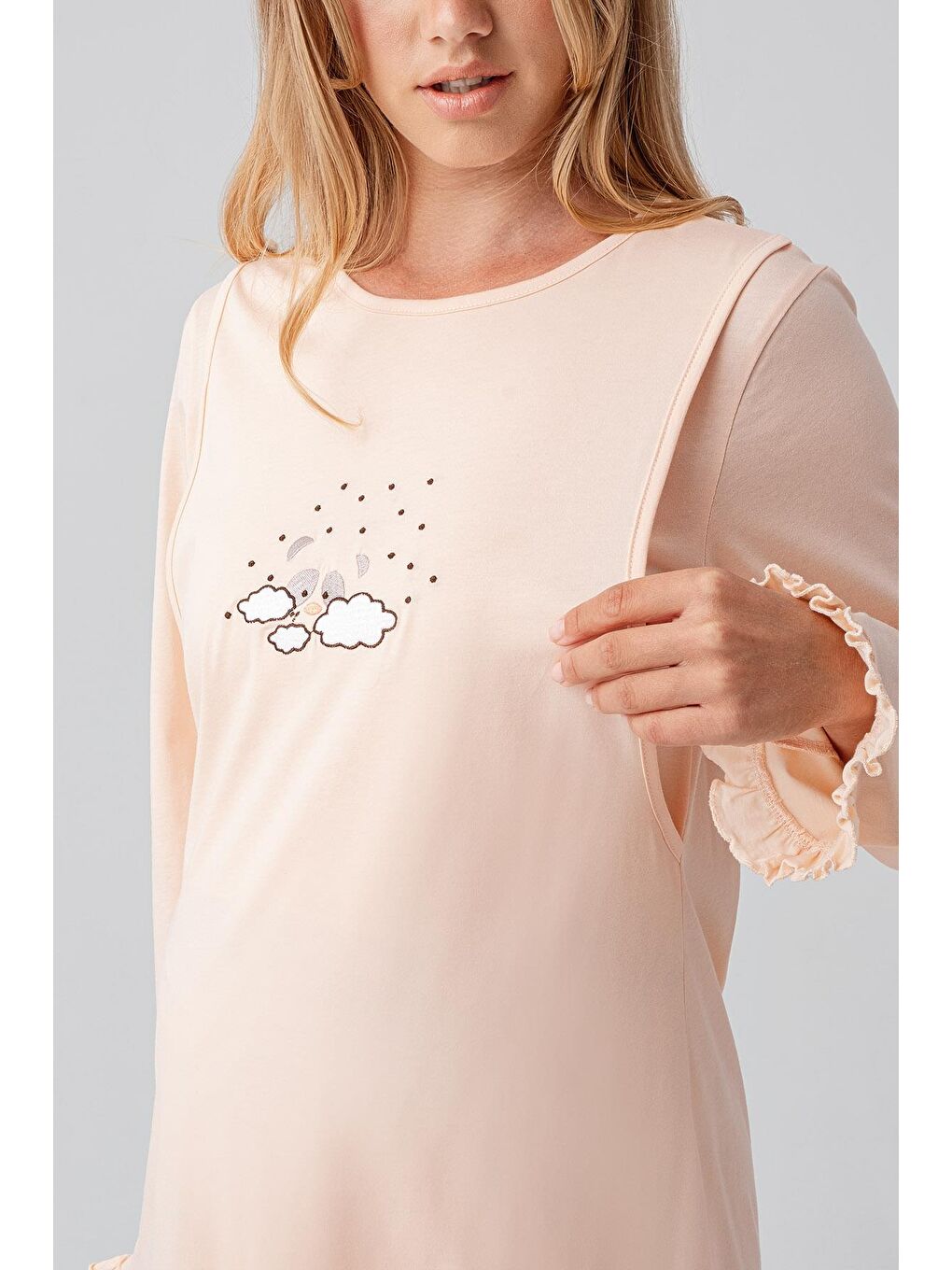 Pembe Uzun Kollu Desenli Esnek Pamuklu Hamile Sabahlık Pijama Takım 18300-4