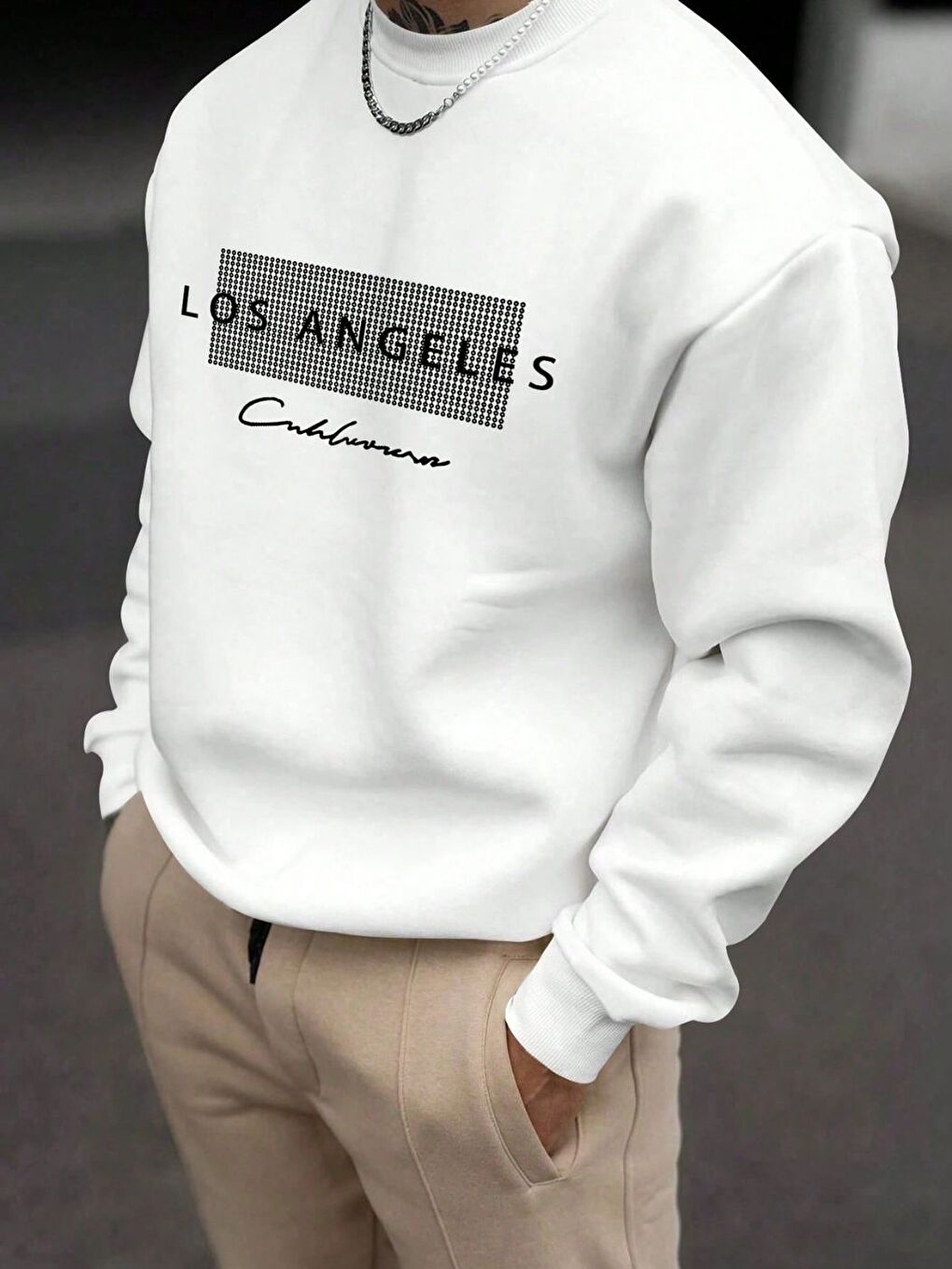 Erkek Beyaz Node LosAngeles Baskılı Oversize Uzun Kollu Sweatshirt