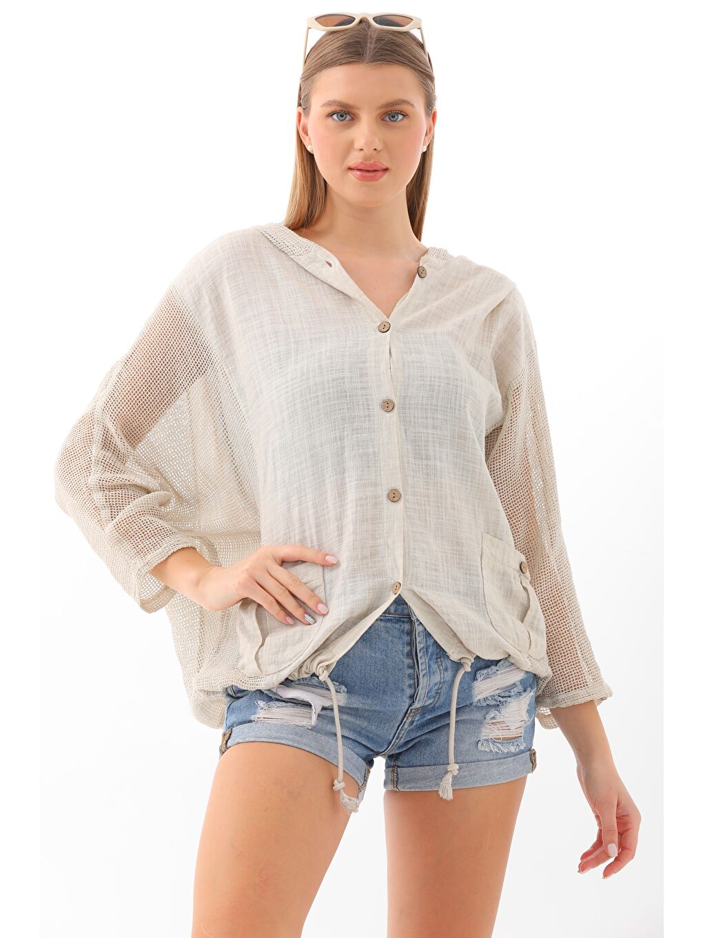 Bej Çift Cepli Yıkamalı Pamuklu Dokuma Geniş Kesim Kapüşonlu Ceket-3