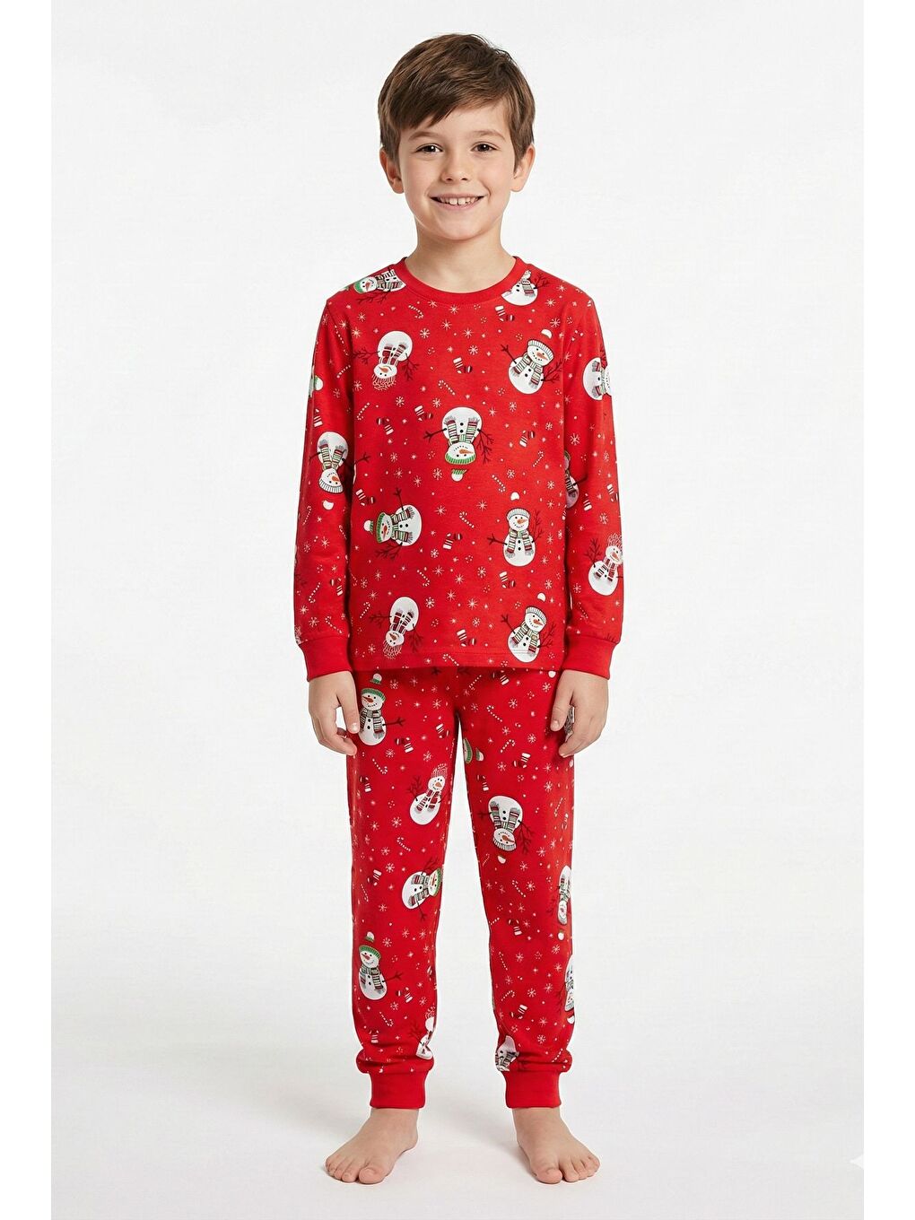 Kırmızı Unisex Yılbaşı Kardan Adam Desenli Çocuk Pijama Takımı