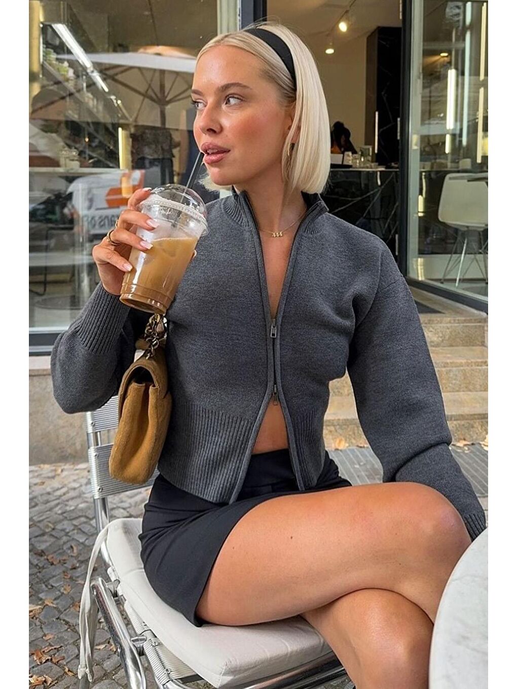 Antrasit Çift Fermuarlı Dik Yaka Kadın Triko Hırka Mg2505