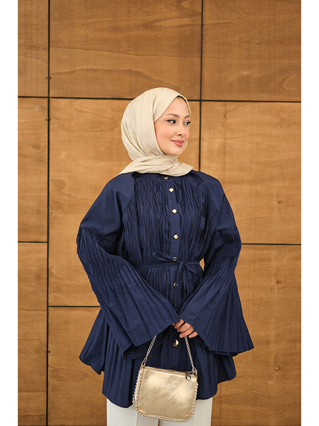 Kadın Martha Düğmeli Belden Bağlamalı Gömlek Lacivert-3