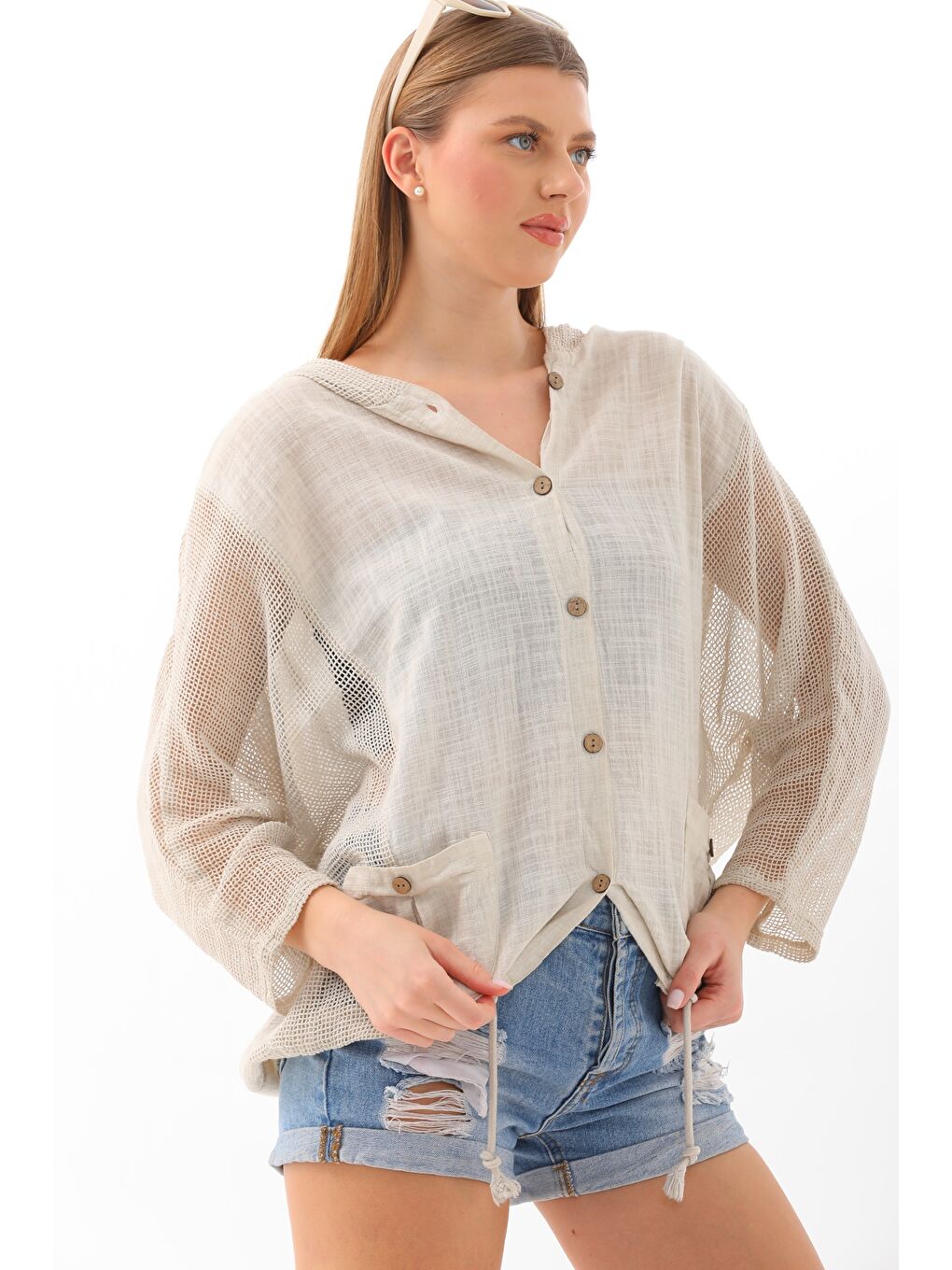 Bej Çift Cepli Yıkamalı Pamuklu Dokuma Geniş Kesim Kapüşonlu Ceket-4