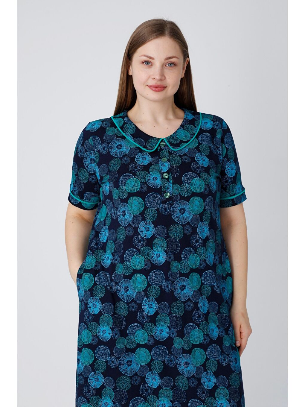 Lacivert Kadın Düğmeli Biyeli Cepli Kısa Kollu Pamuklu Rahat Kalıp Elbise-2
