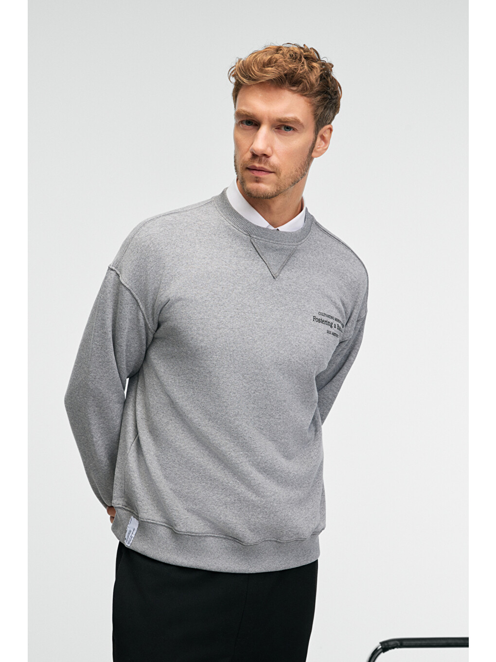 Caspıan Erkek %100 Pamuk Bisiklet Yaka Karyoka Dikişli Baskılı Antrasit Sweatshirt-2