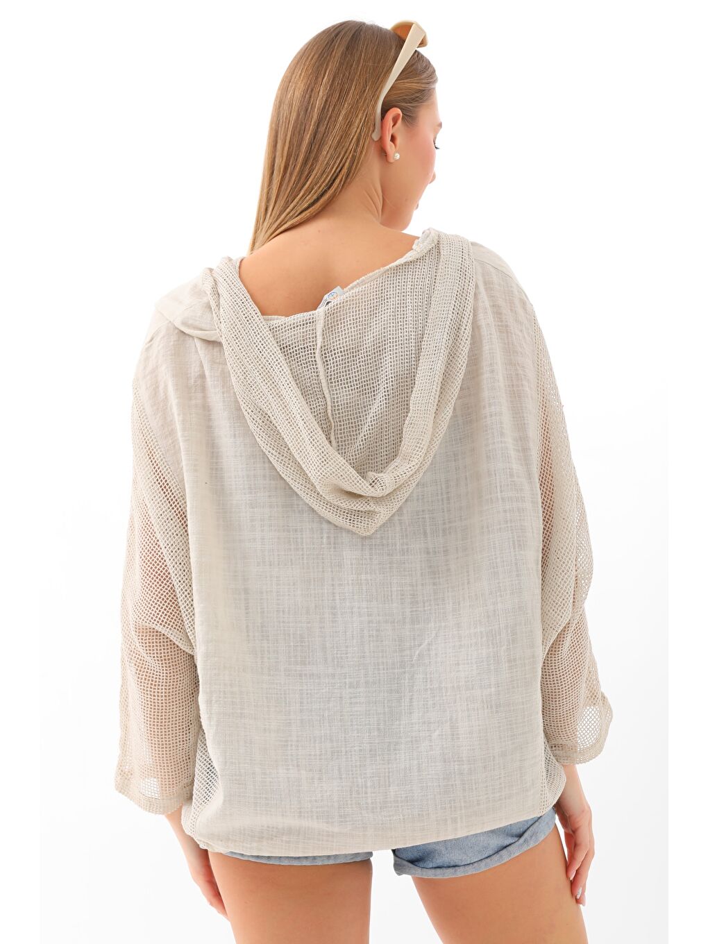 Bej Çift Cepli Yıkamalı Pamuklu Dokuma Geniş Kesim Kapüşonlu Ceket-5