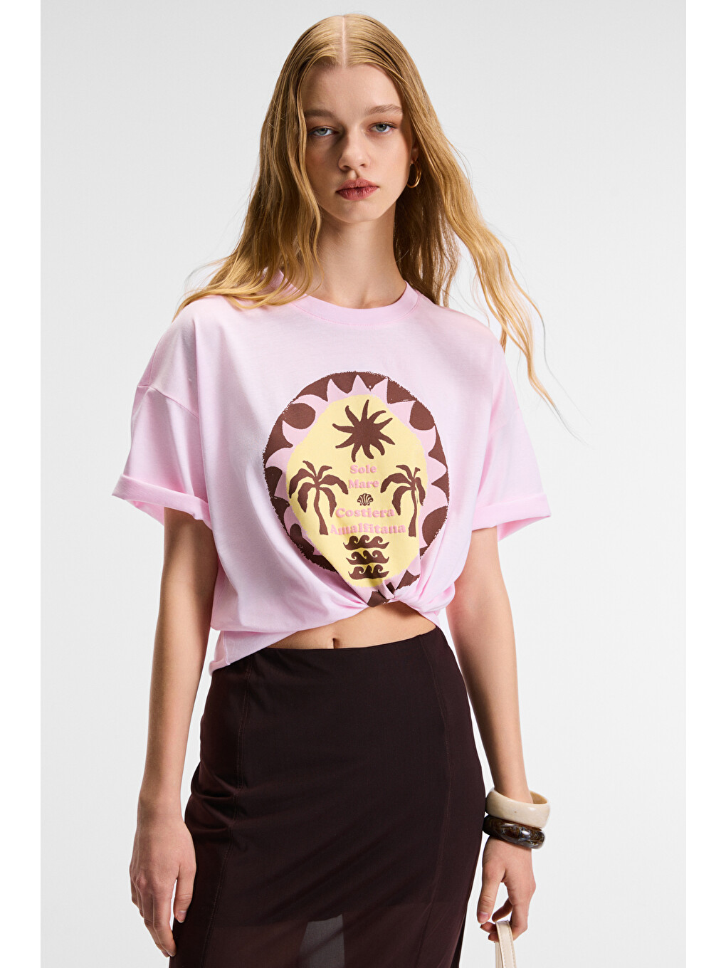 Veymıra Kadın %100 Pamuk Bisiklet Yaka Kısa Kollu Oversize Fit Pembe T-shirt-2