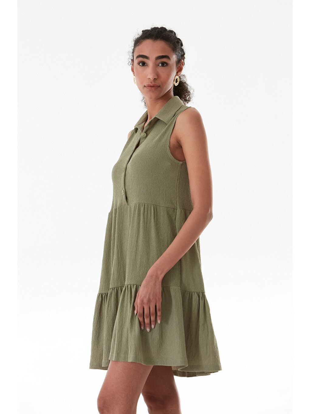 Turkuaz Bürümcük Kumaş Polo Yaka Yarım Düğmeli Elbise