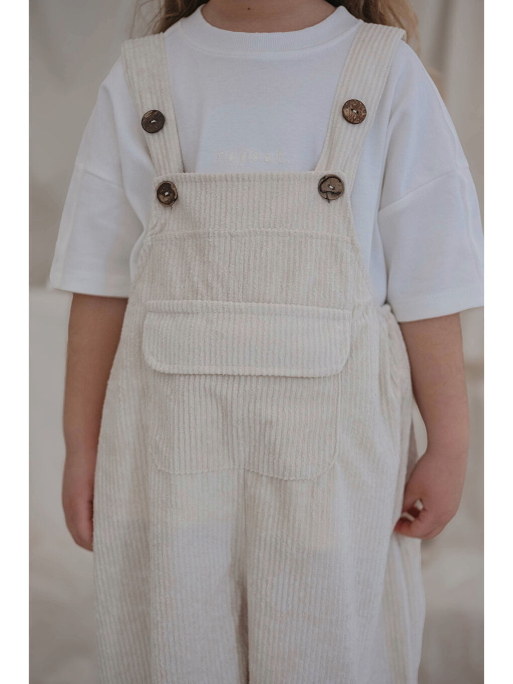 Ekru Krem Childhood Velvet Çocuk Salopet Tulum-1