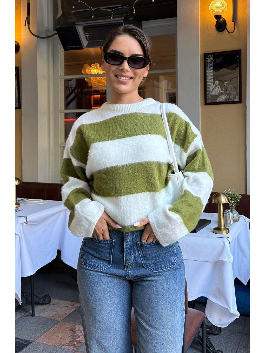 Yağ Yeşili Bisiklet Yaka Çizgili Triko Kadın Kazak Mg2472-5