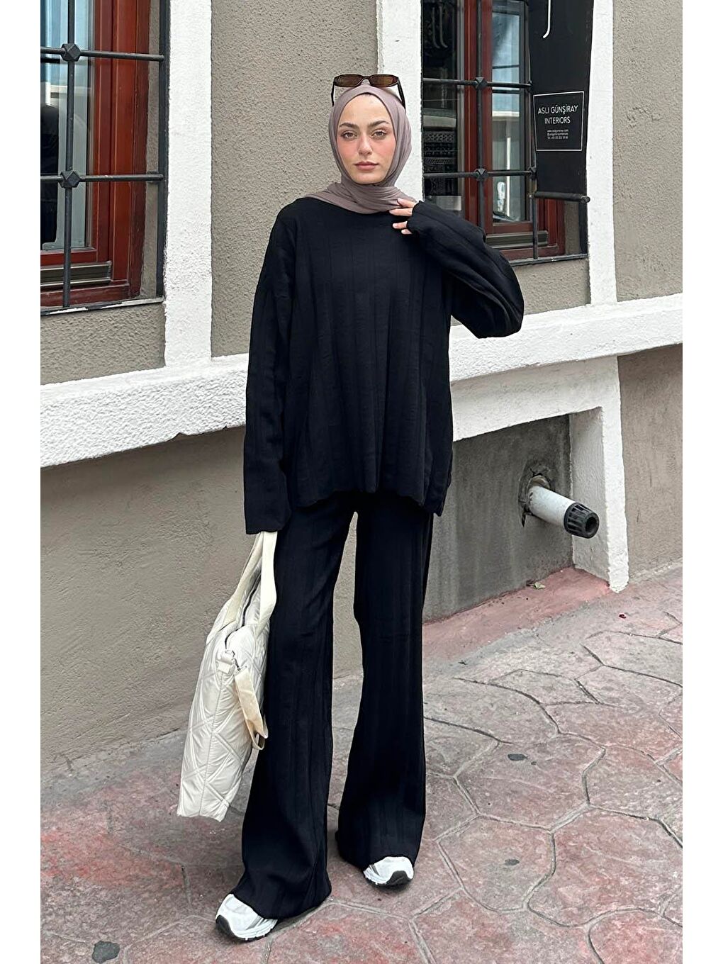 Fitilli Triko Tesettür Takım Siyah