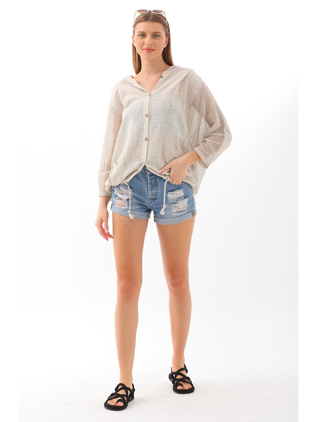 Bej Çift Cepli Yıkamalı Pamuklu Dokuma Geniş Kesim Kapüşonlu Ceket-6