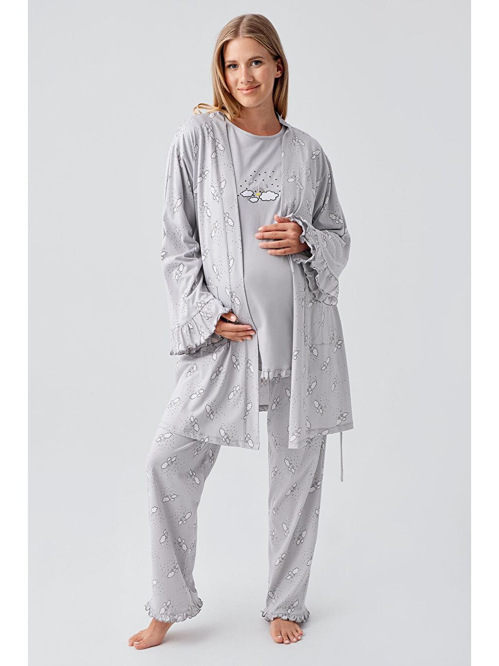 Gri Uzun Kollu Desenli Esnek Pamuklu Hamile Sabahlık Pijama Takım 18300