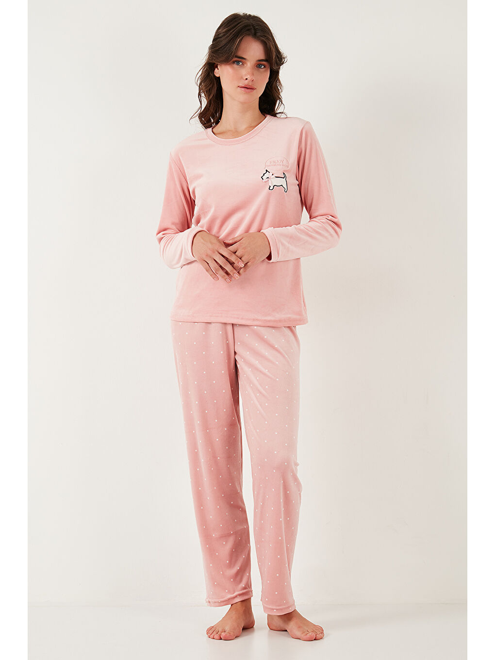 Pembe Desenli Regular Fit Bisiklet Yaka Uzun Kollu Kadın Pijama Takımı 65713312-4