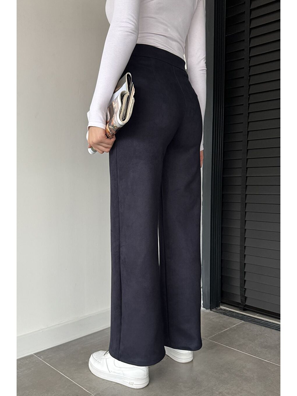 Lacivert Kadın Yüksek Bel Palazzo Süet Pantolon-1