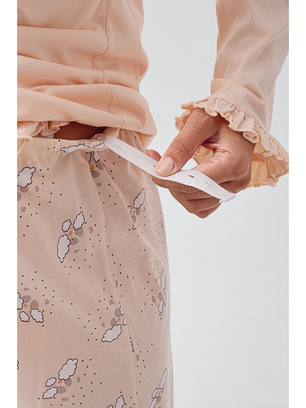 Pembe Uzun Kollu Desenli Esnek Pamuklu Hamile Sabahlık Pijama Takım 18300-5