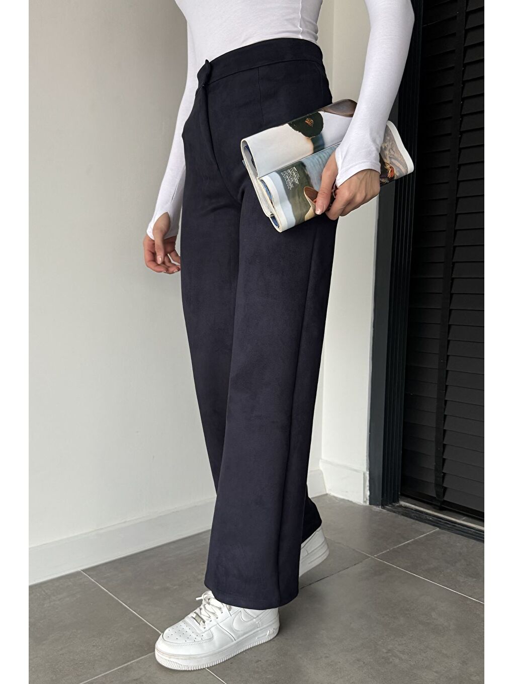 Lacivert Kadın Yüksek Bel Palazzo Süet Pantolon-2