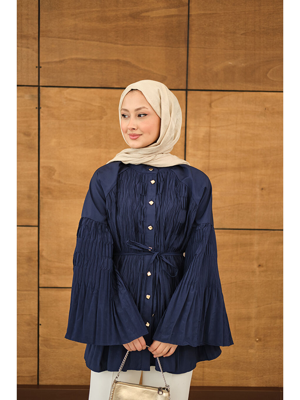 Kadın Martha Düğmeli Belden Bağlamalı Gömlek Lacivert-4