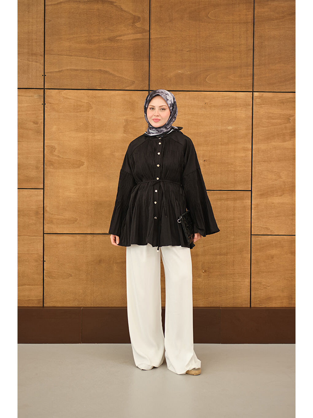 Kadın Martha Düğmeli Belden Bağlamalı Gömlek Siyah-2