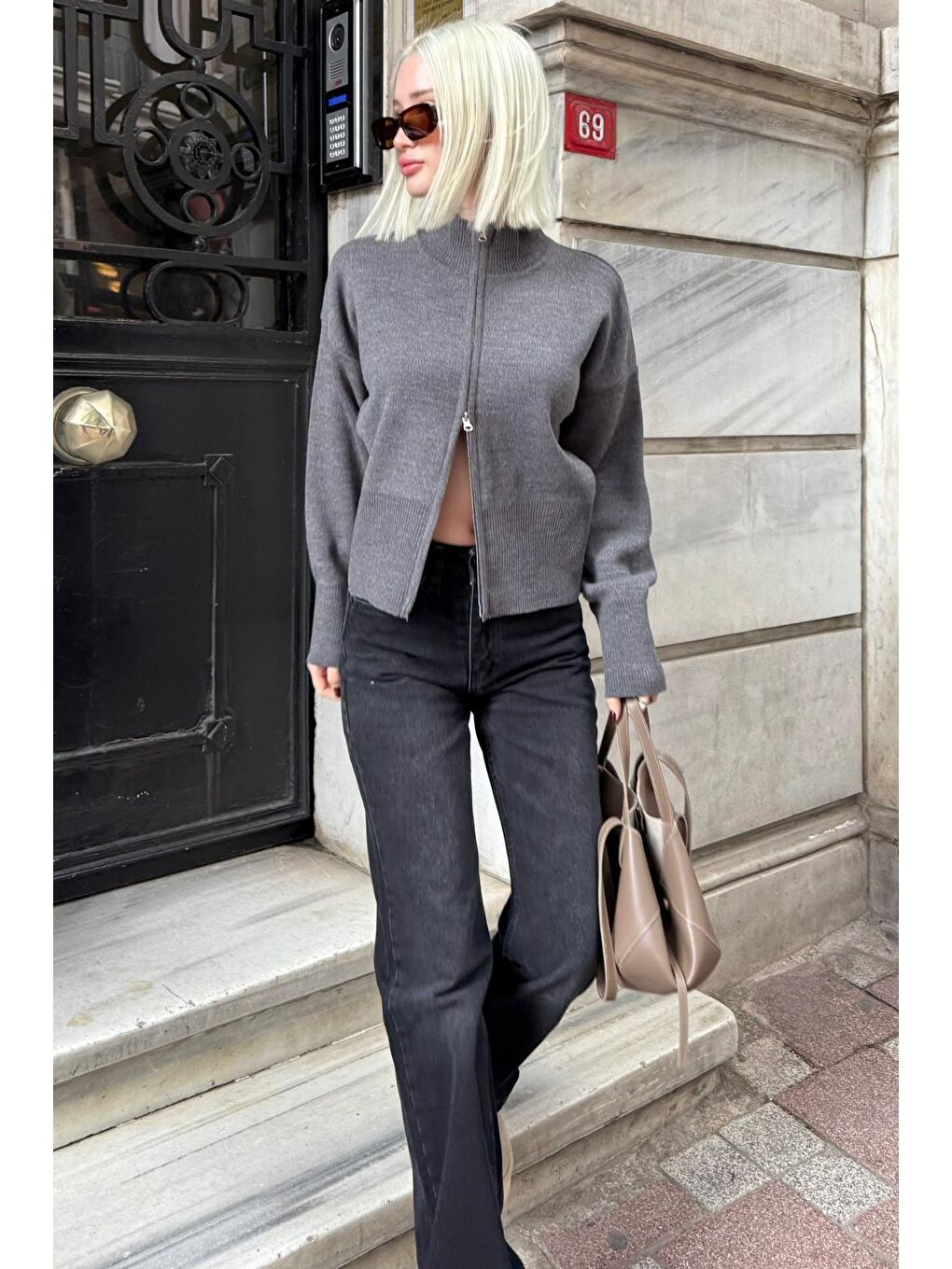 Antrasit Çift Fermuarlı Dik Yaka Kadın Triko Hırka Mg2505-1